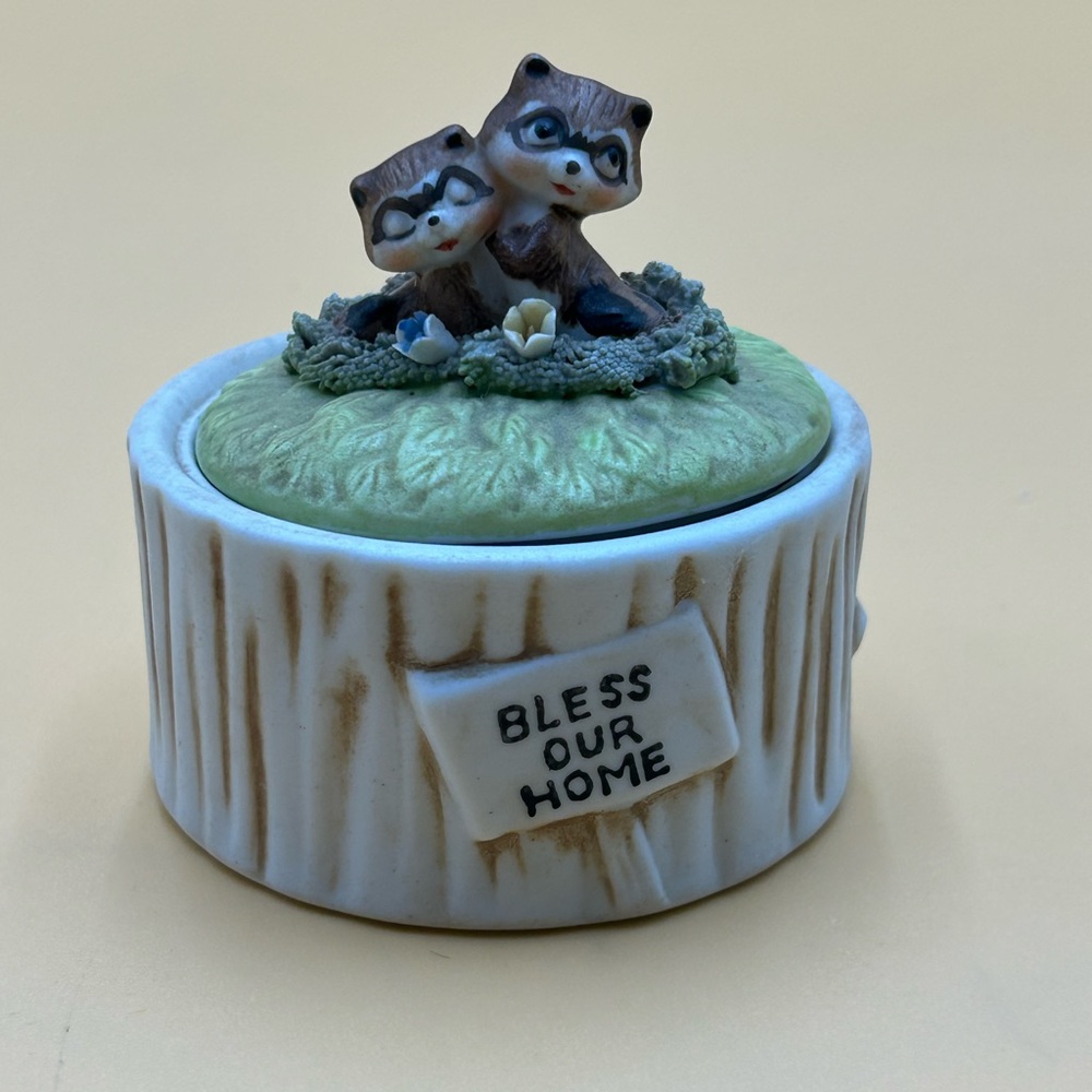 Vintage Enesco raccoon bless our home trinket box, love, valentines